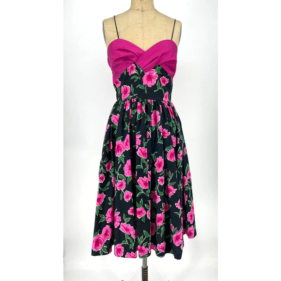 Floral Fit and Flare Sleeveless Pink Black Midi Rockabilly Dress Medium - Picture 1 of 8